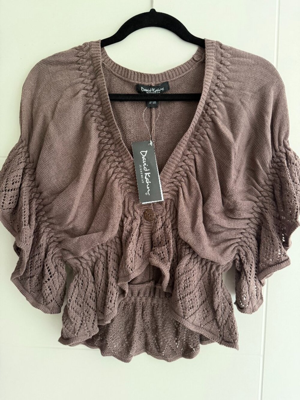 NWT David Kahn Taupe Ruffle Open-Knit Cardigan Size M